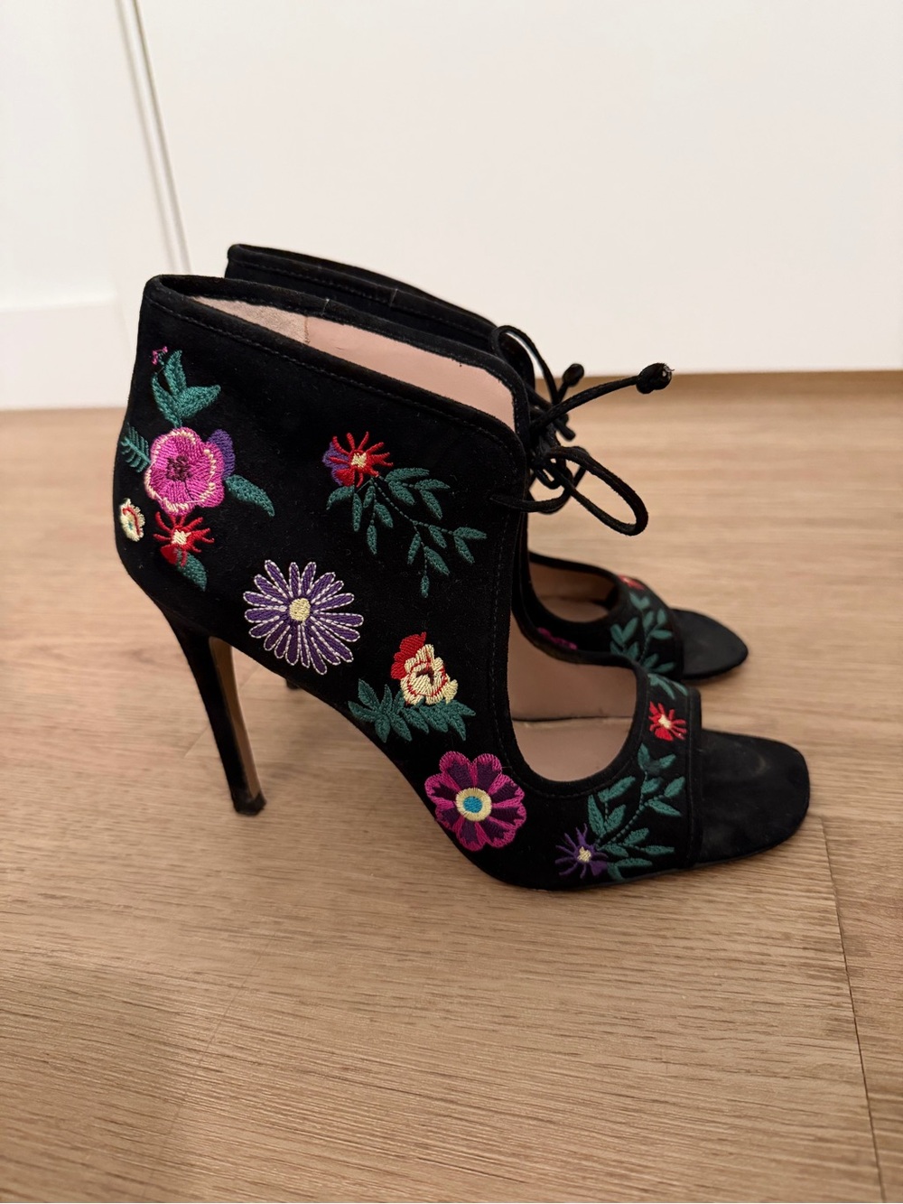 Betsey Johnson Black Suede Floral Embroidered Lace-Up Heels